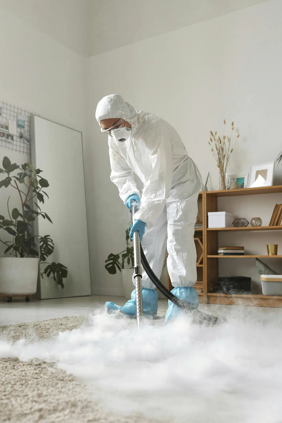 Professional cleaning team working in a bright commercial office space